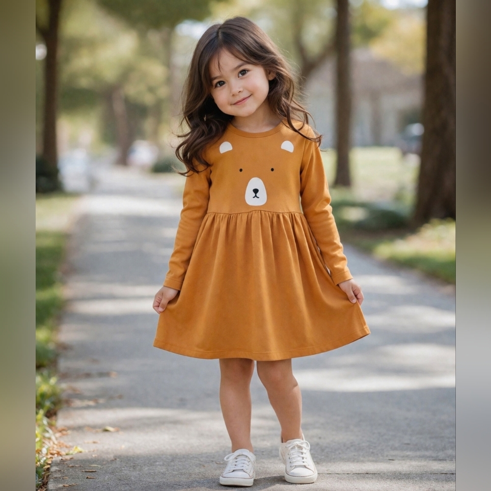 Hanna Andersson Mustard Bear Face Long-Sleeve Dress